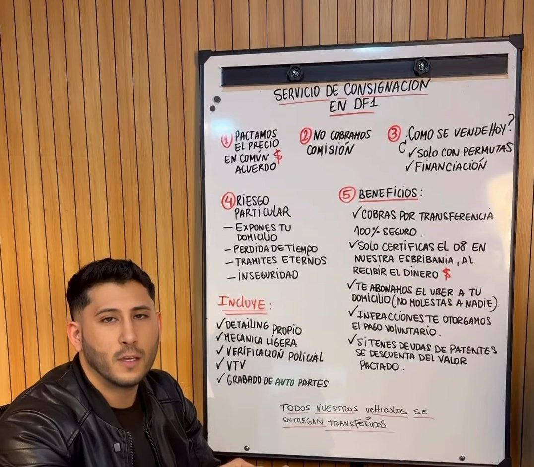 Uno de los dueños de DF1 explicando la consignación en la pizarra